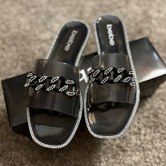 Bebe Black Rhinestone Slide Sandals - Picture 3 of 8